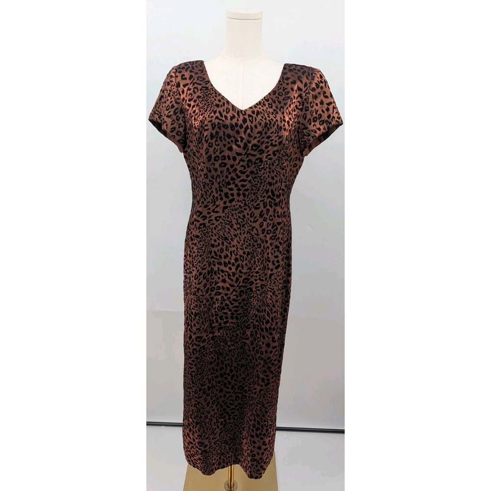 Vintage Brown Metallic Velvet Cheetah Print Sheath Dress Virgo Petite Size 12P